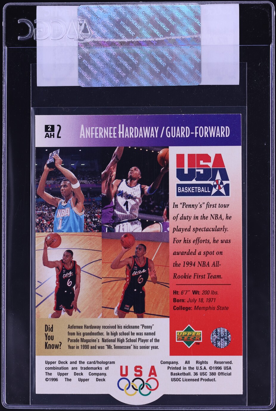 1996 Upper Deck USA Anfernee Hardaway #2 CGC AUTH