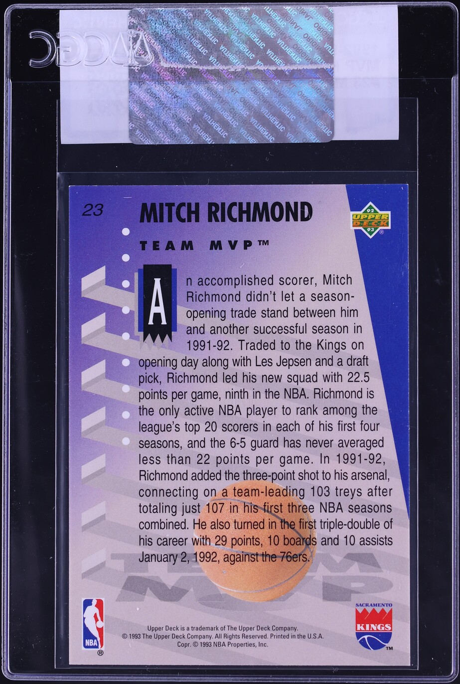 1992 Upper Deck MVP Holograms Mitch Richmond #23 CGC AUTH