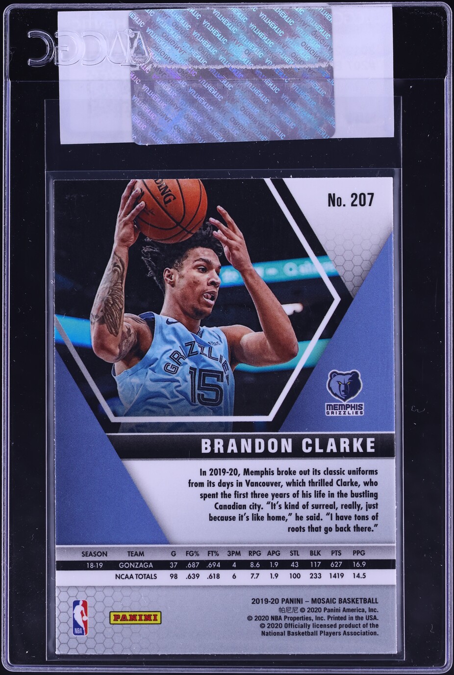 2019 Panini Mosaic Brandon Clarke ROOKIE #207 CGC AUTH