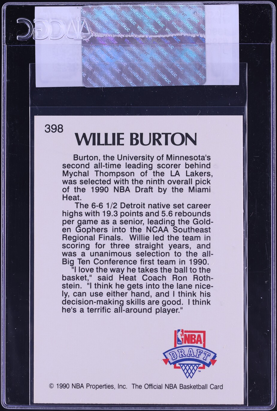 1990 Hoops Willie Burton #398 CGC AUTH