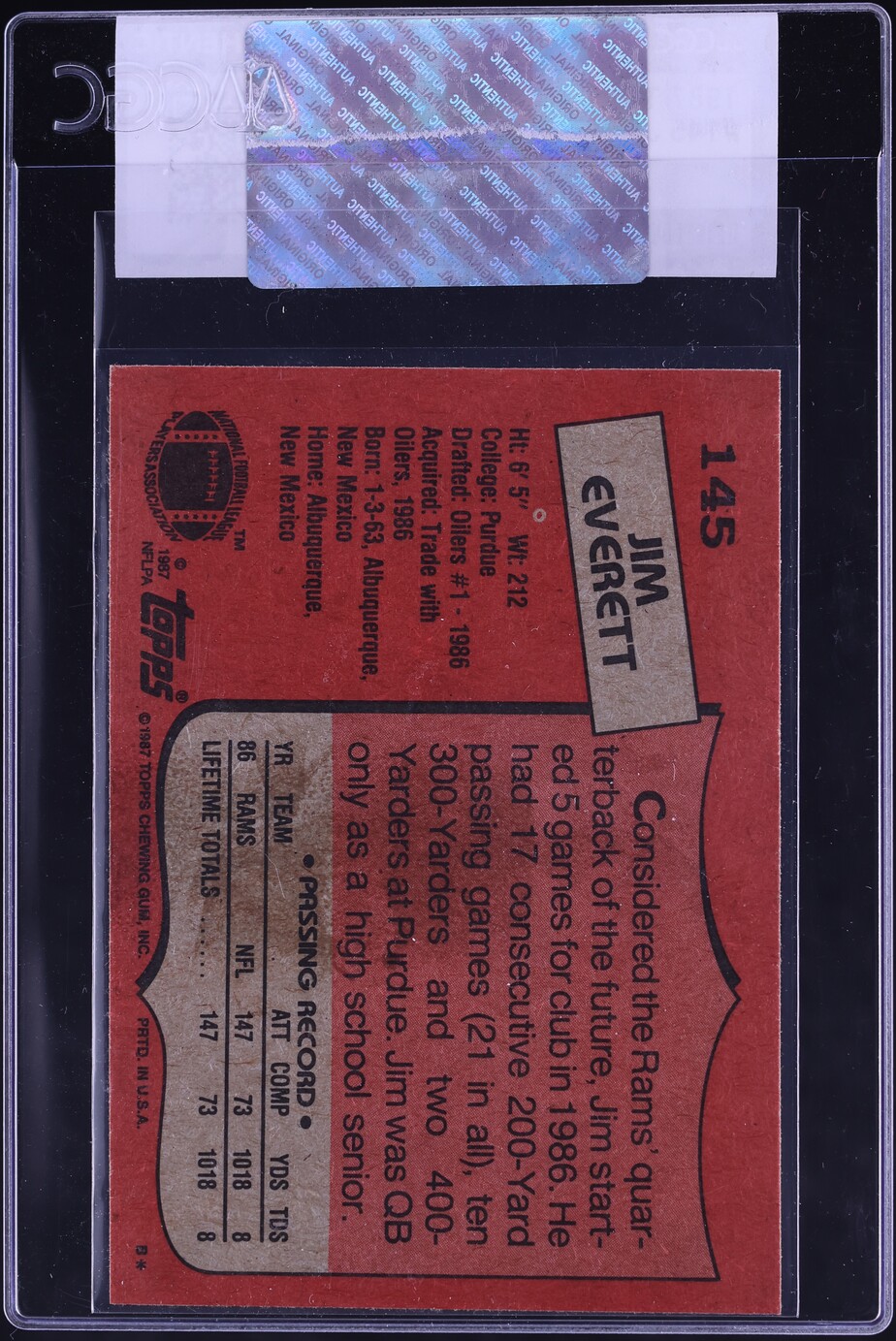 1987 Topps Football Jim Everett ROOKIE #145 CGC AUTH