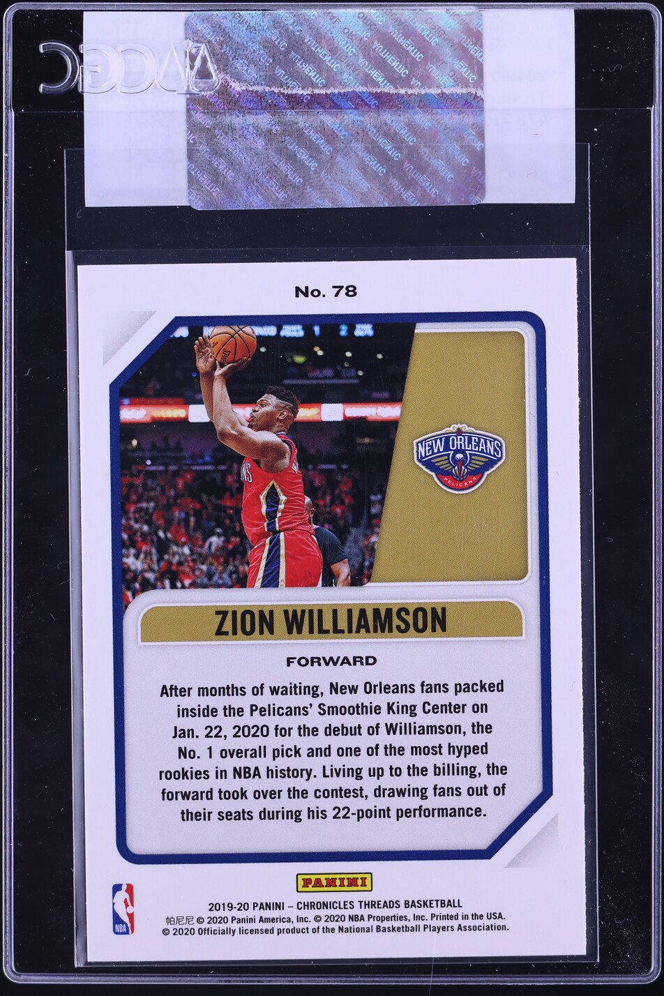 2019 Panini Chronicles Threads Zion Williamson ROOKIE #78 CGC AUTH
