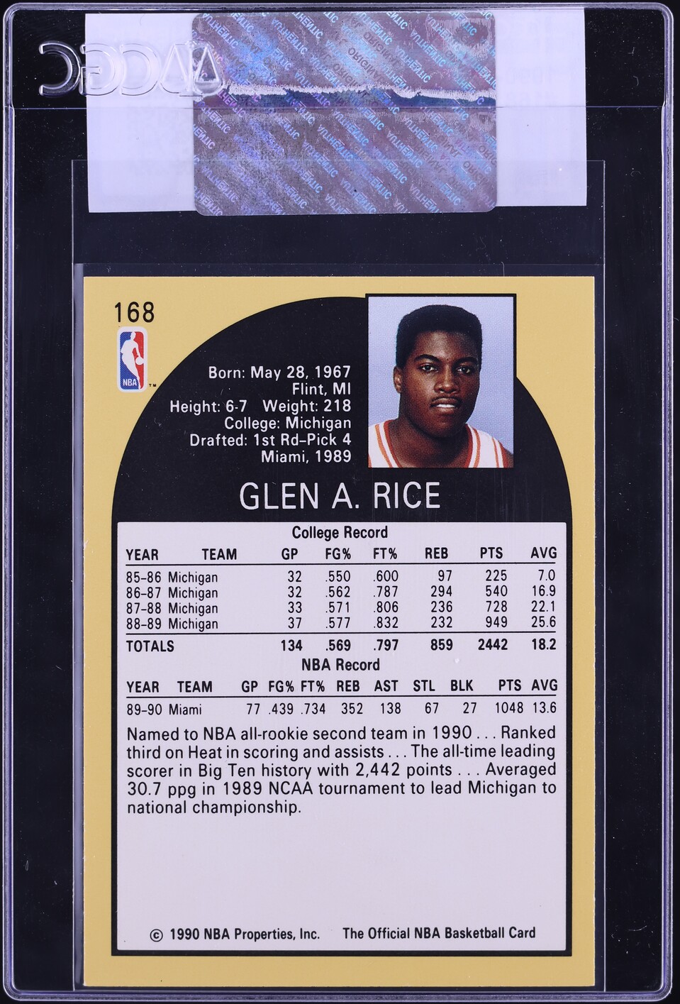 1990 Hoops Glen Rice ROOKIE #168 CGC AUTH
