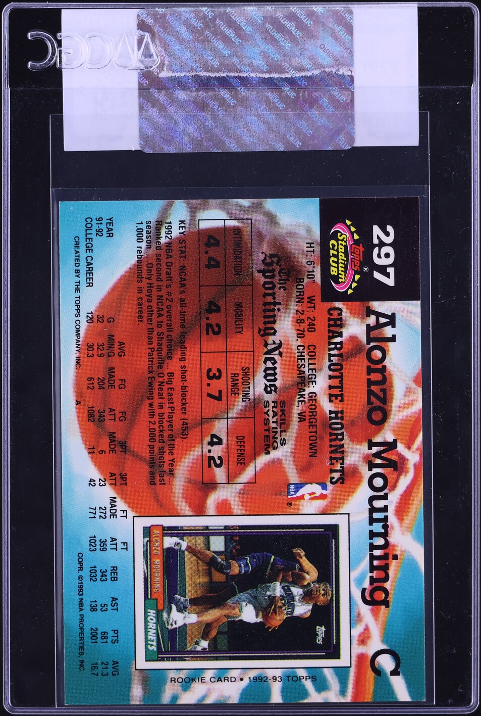1992 Stadium Club Basketball Alonzo Mourning ROOKIE #297 CGC AUTH