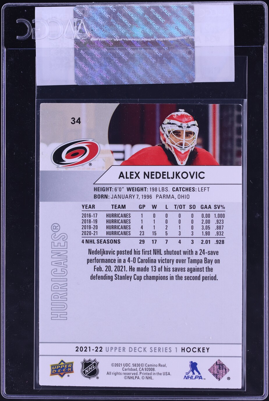 2021 Upper Deck Hockey Alex Nedeljkovic #34 CGC AUTH