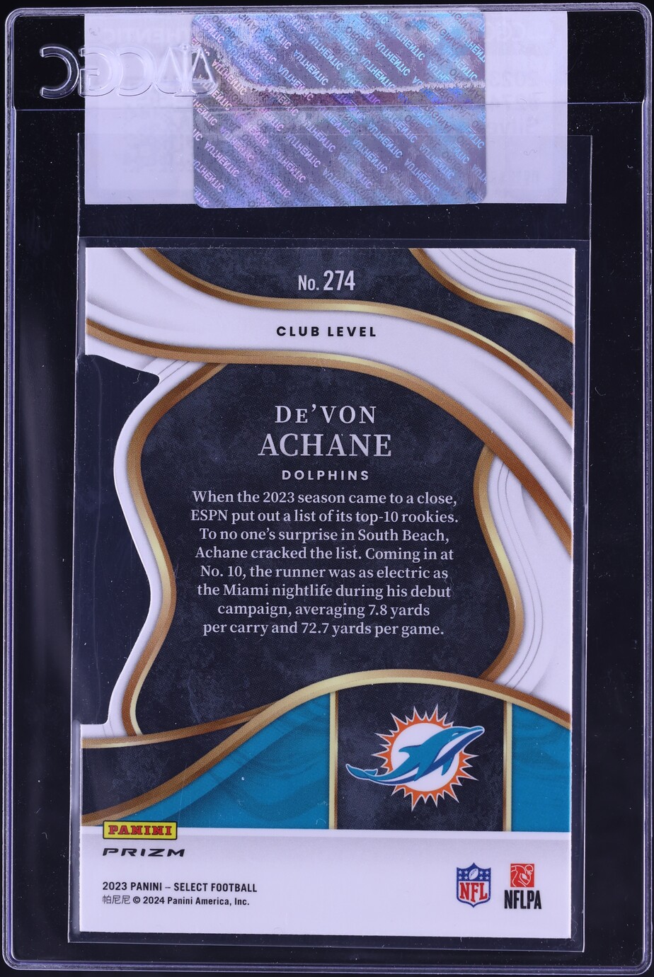 2023 Select Club Level Silver Prizm Die-Cut De'Von Achane ROOKIE #274 CGC AUTH