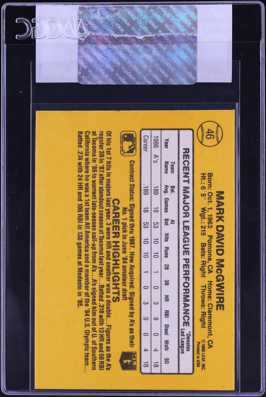 1987 Donruss Mark McGwire ROOKIE #46 CGC AUTH