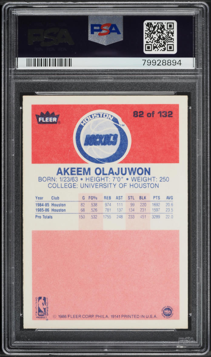 1986 Fleer Basketball Hakeem Olajuwon ROOKIE #82 PSA 9 MINT