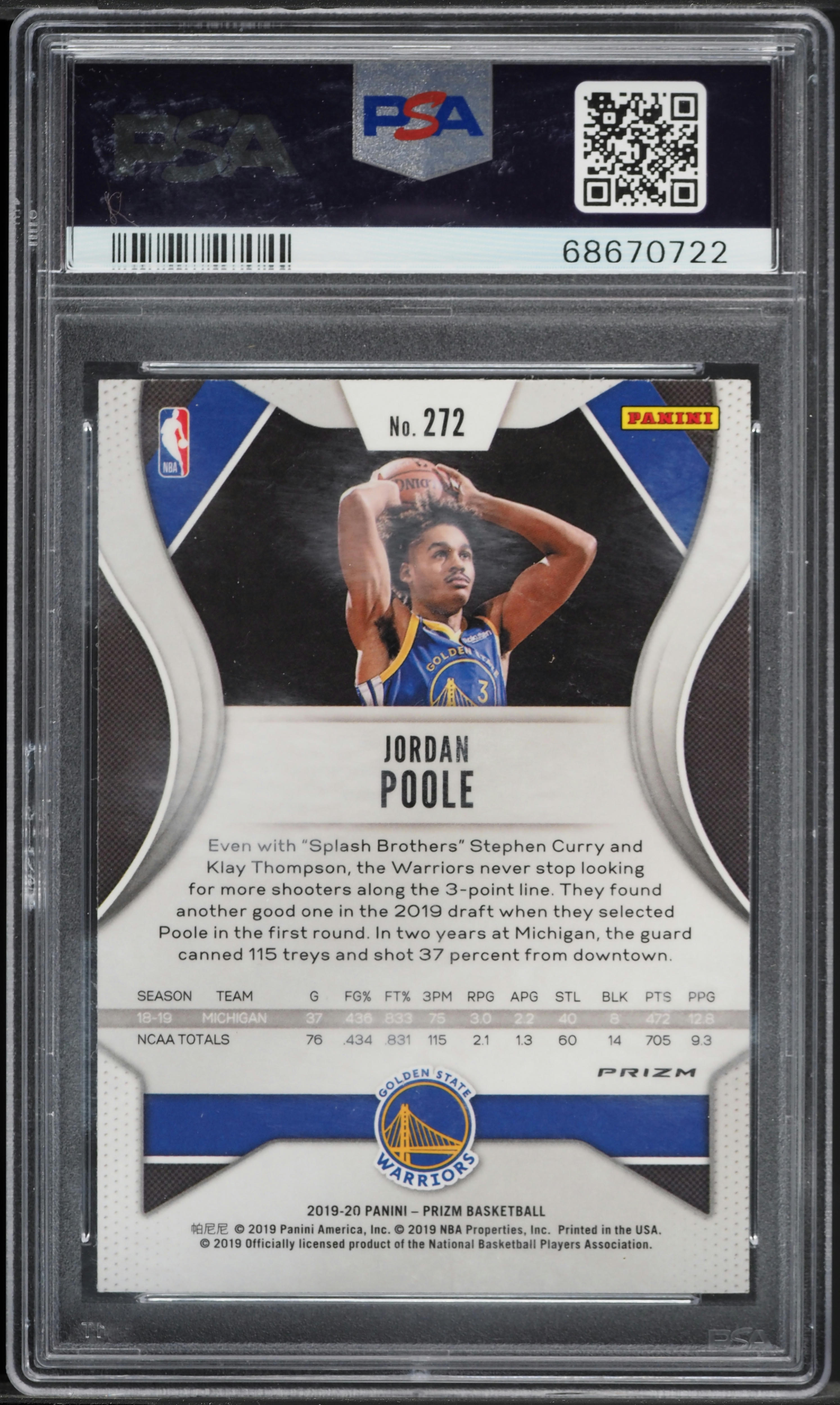 2019 Panini Prizm Silver Jordan Poole ROOKIE #272 PSA 9 MINT on