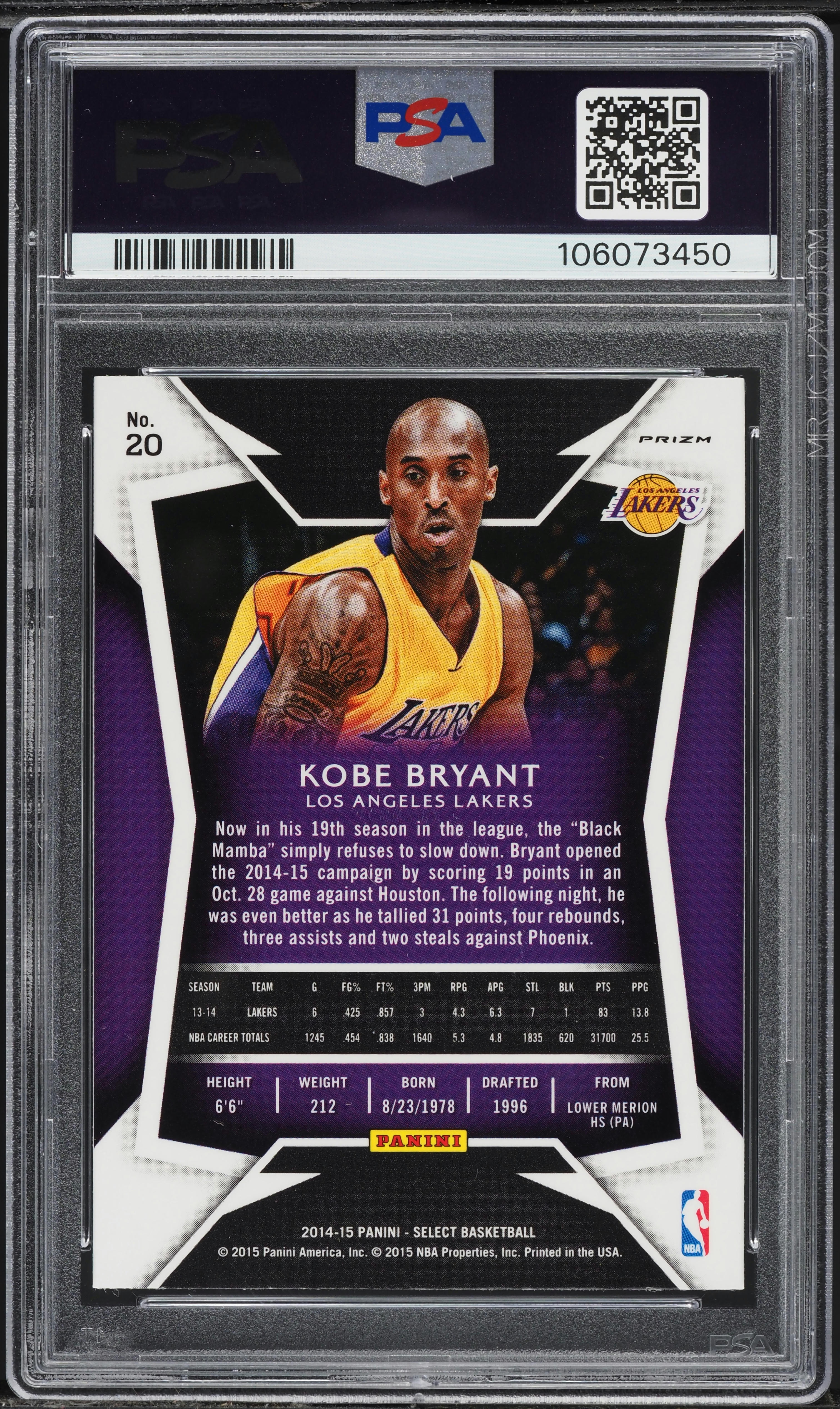 2014 Select Silver Prizm Kobe Bryant #20 PSA 9 MINT on Fanatics