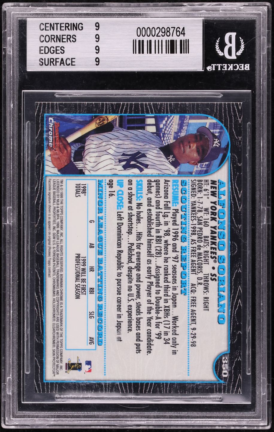 1999 Bowman Chrome Alfonso Soriano ROOKIE #350 BGS 9 MINT