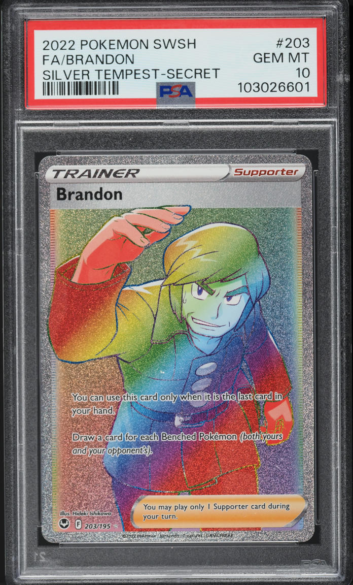 2022 Pokemon Sword & Shield Silver Tempest Hyper Rare Brandon #203 PSA 10  GEM on Fanatics Collect