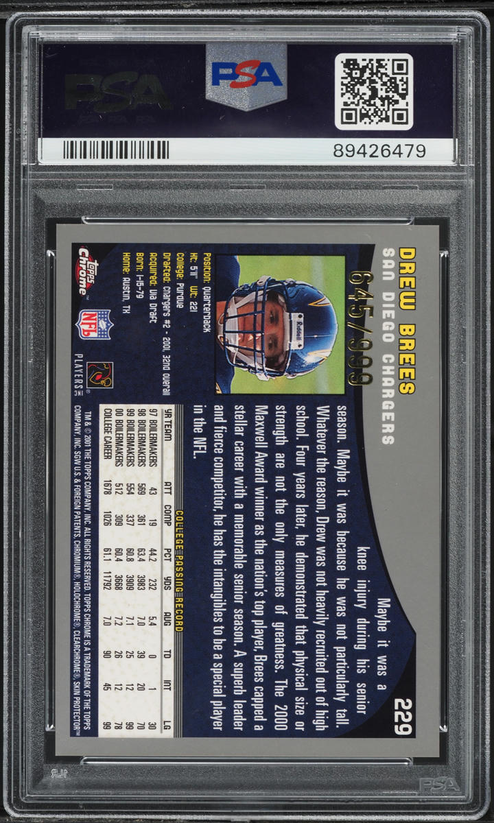 2001 Topps Chrome Refractor Drew Brees ROOKIE /999 #229 PSA 8 NM-MT