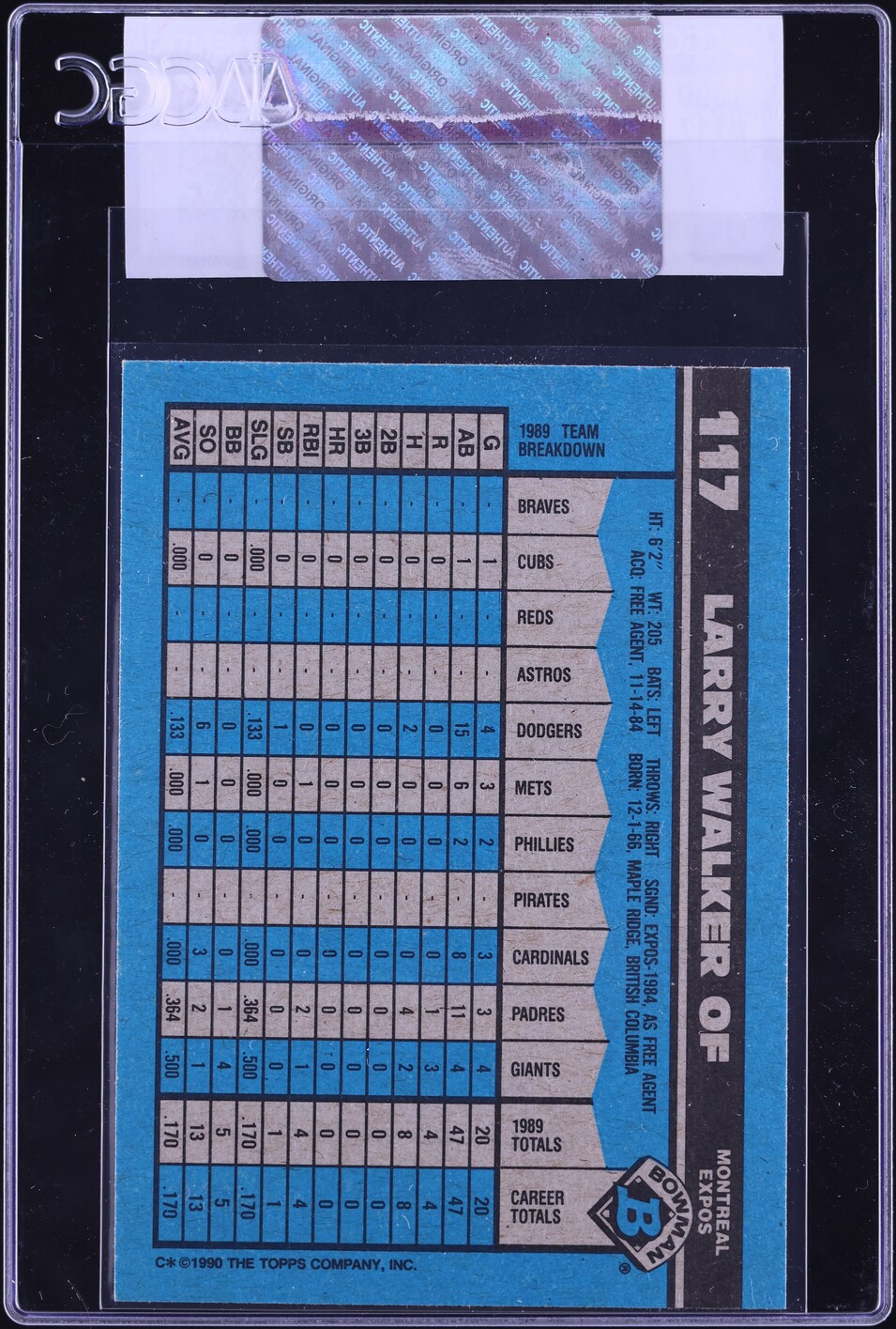 1990 Bowman Larry Walker ROOKIE #117 CGC AUTH