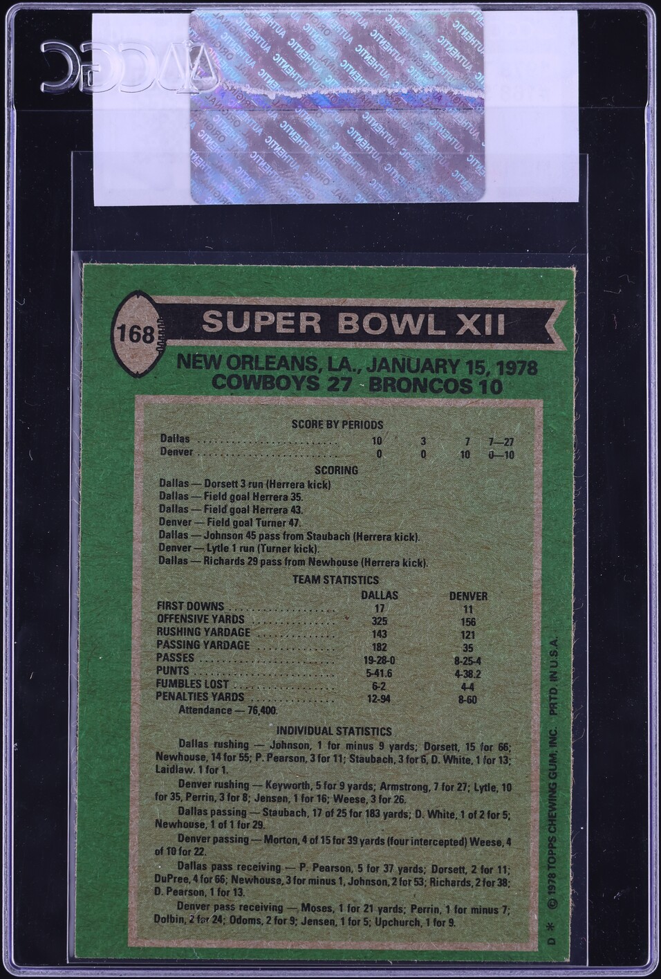 1978 Topps Football Super Bowl XII #168 CGC AUTH