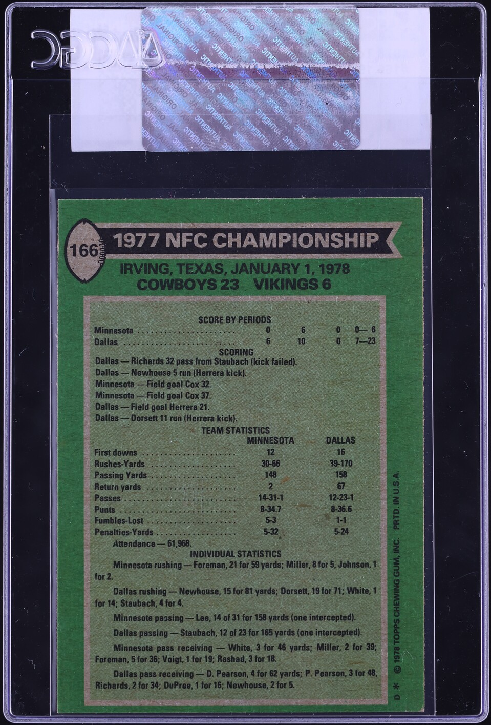 1978 Topps Football Roger Staubach NFC CHAMPIONSHIP #166 CGC AUTH