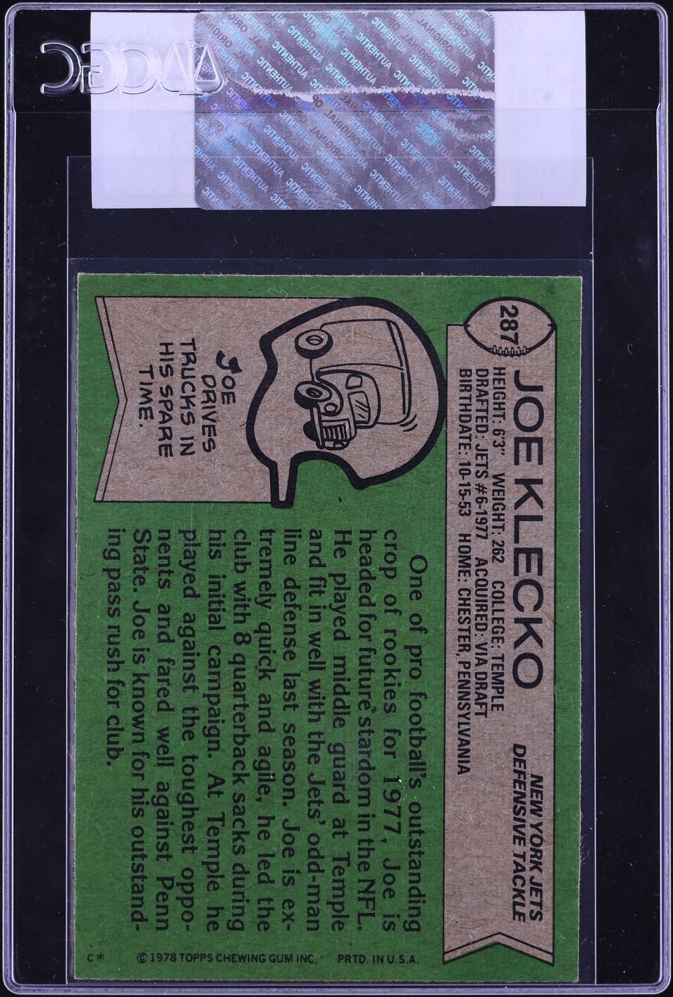 1978 Topps Football Joe Klecko #287 CGC AUTH