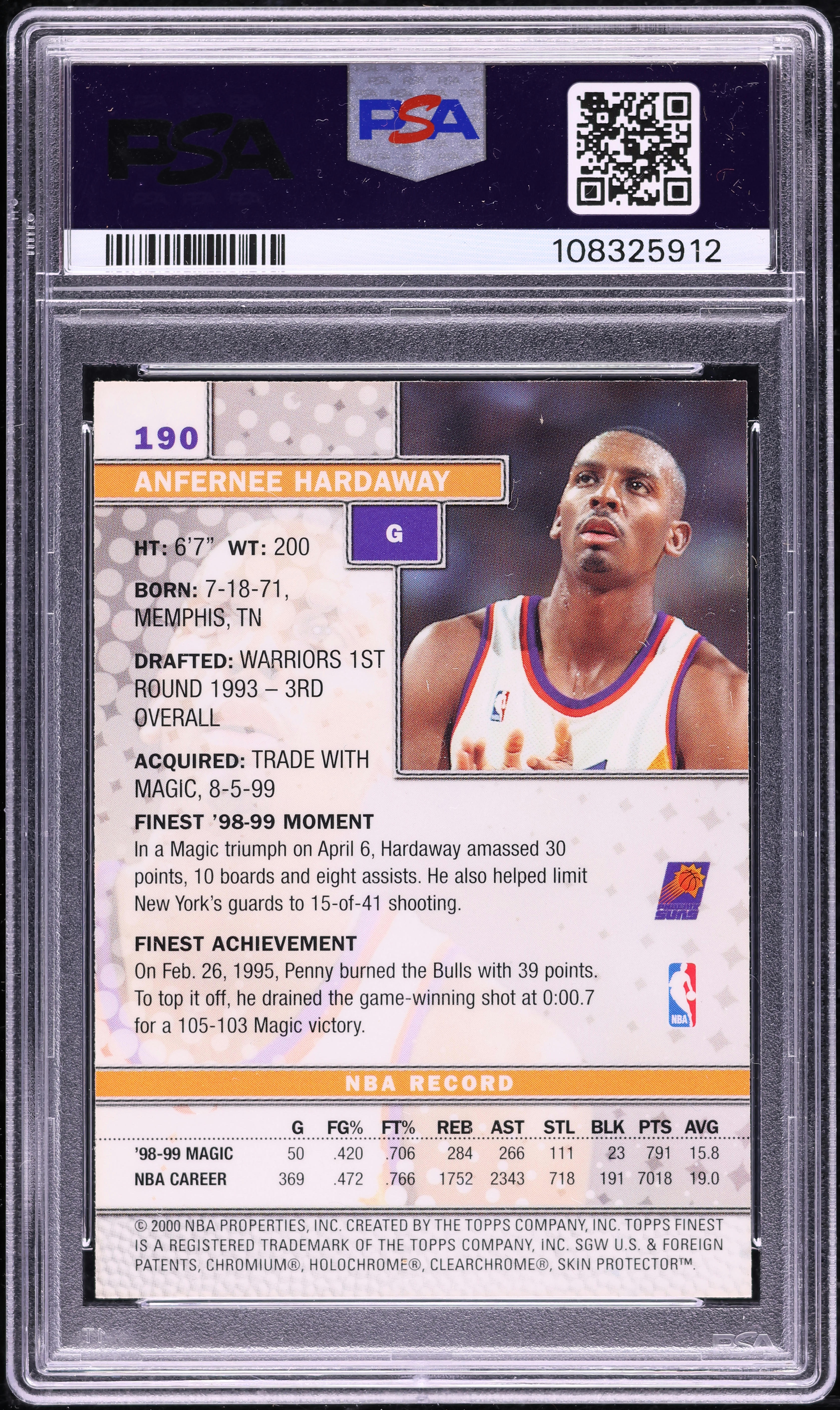 1999 Finest Basketball Anfernee Hardaway #190 PSA 9 MINT on 