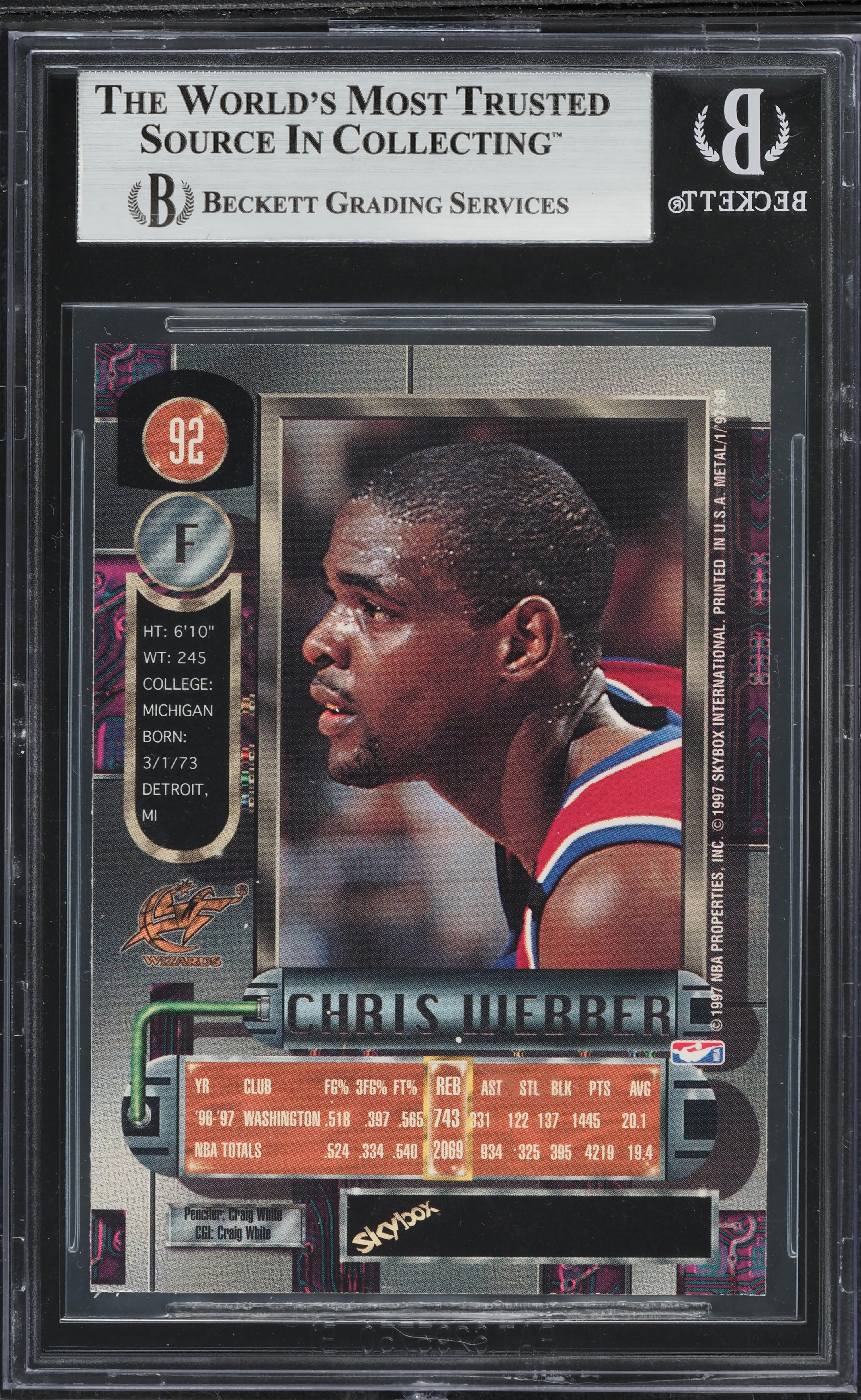 1997 Metal Universe Chris Webber #92 BGS 9 MINT on Fanatics Collect