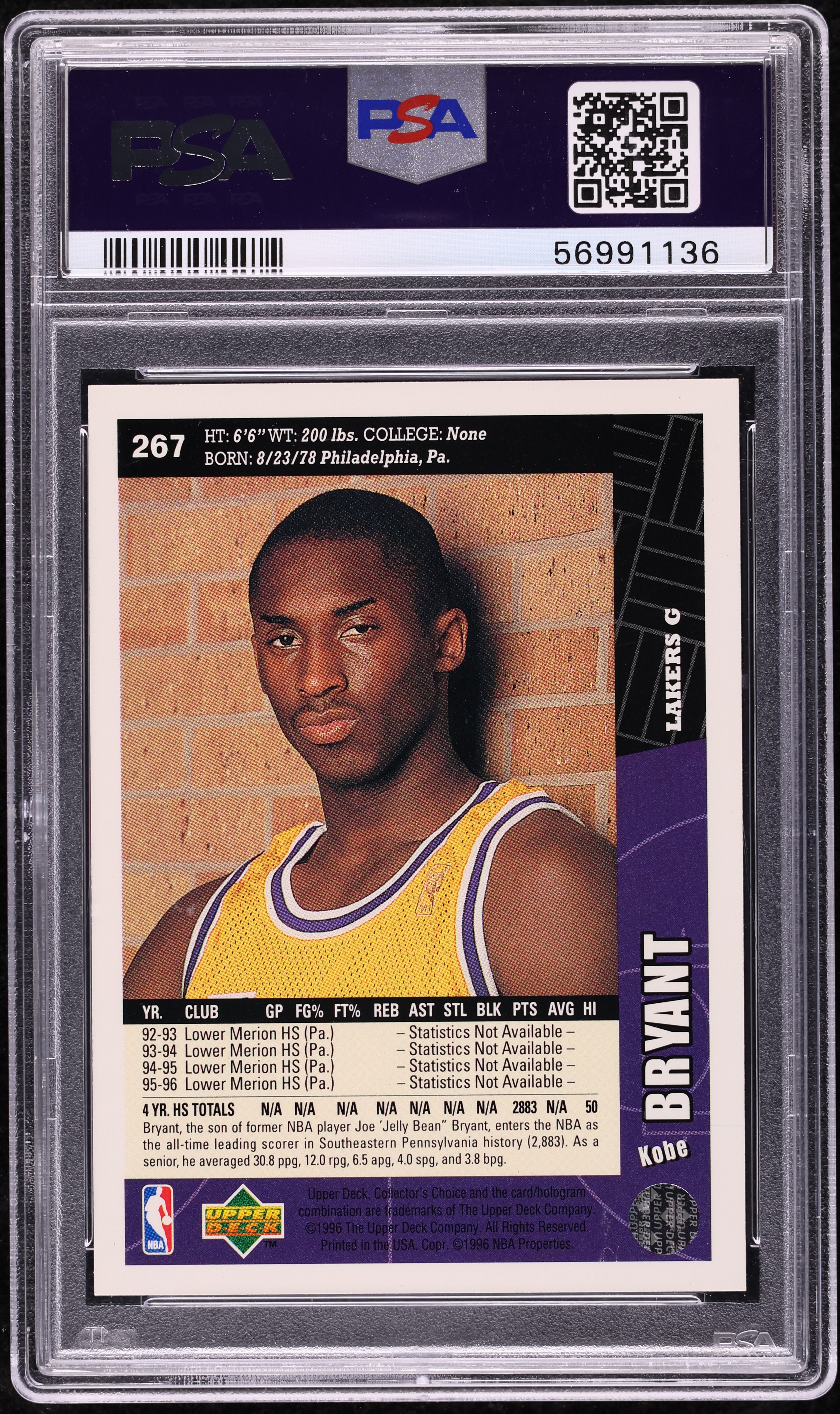1996 Collector's Choice Kobe Bryant ROOKIE #267 PSA 9 MINT on
