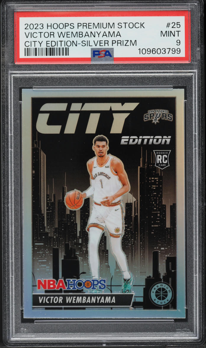 2023 Hoops Premium Stock City Edition Silver Prizm Victor Wembanyama RC PSA 9
