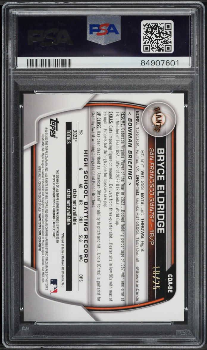 2023 Bowman Chrome Orange Wave Bryce Eldridge PROSPECT AUTO /25 #CDABE PSA 9