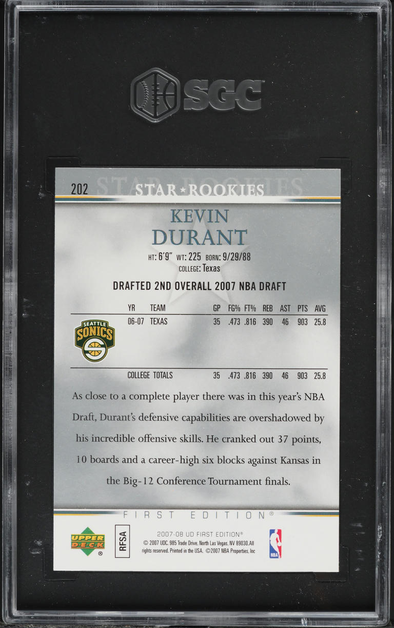 2007 Upper Deck First Edition Kevin Durant ROOKIE #202 SGC 10 GEM MINT