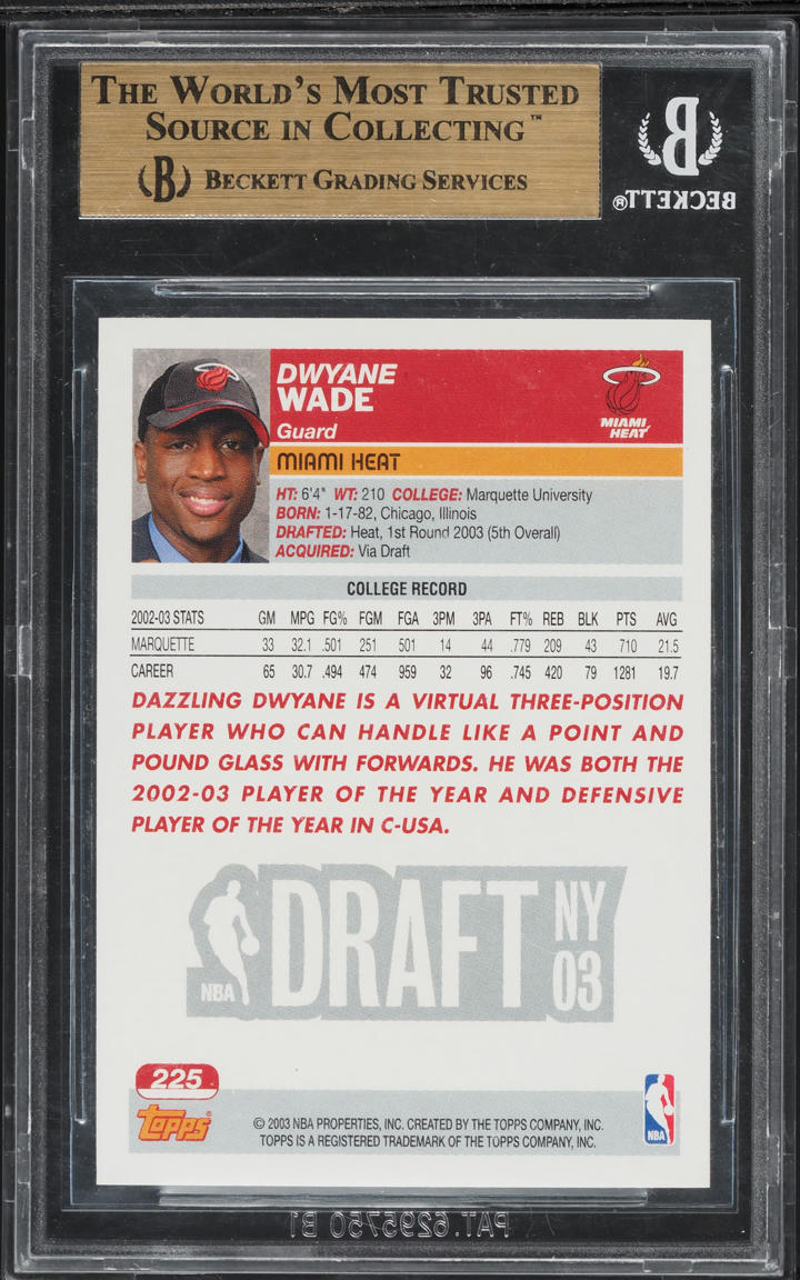 2003 Topps Basketball Dwyane Wade ROOKIE #225 BGS 9.5 GEM MINT on