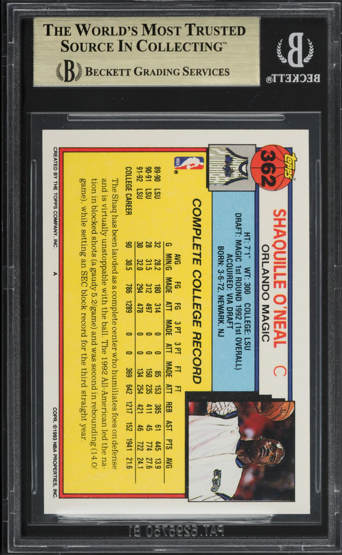 1992 Topps Basketball Shaquille O'Neal ROOKIE #362 BGS 9.5 GEM MINT