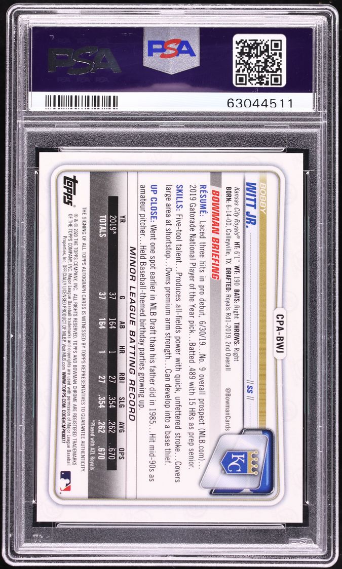 2020 Bowman Chrome Red Refractor Bobby Witt Jr. PROSPECT AUTO 5/5 PSA 9 MINT