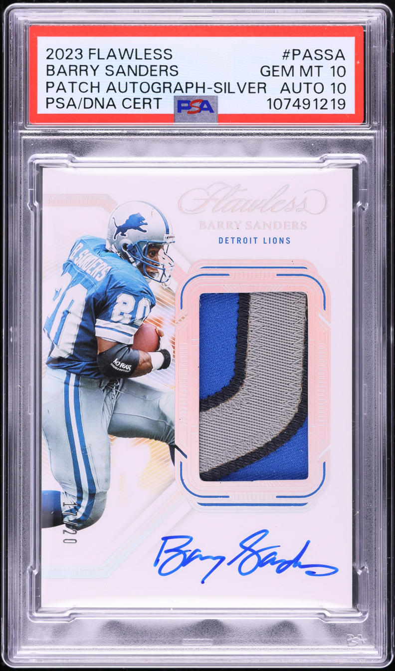 2023 Panini Flawless Silver Barry Sanders PATCH AUTO DNA 10 /20 #PASSA PSA 10