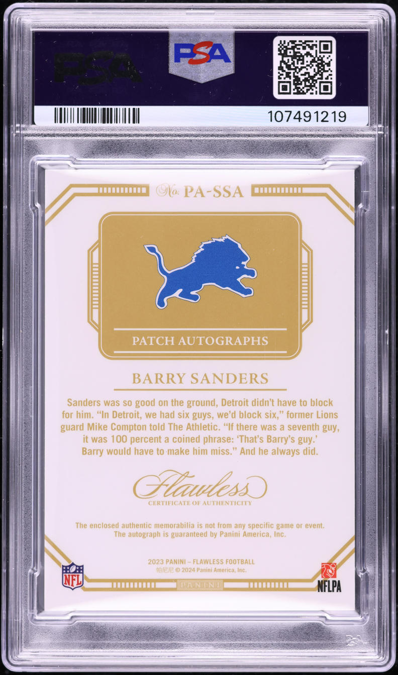 2023 Panini Flawless Silver Barry Sanders PATCH AUTO DNA 10 /20 #PASSA PSA 10