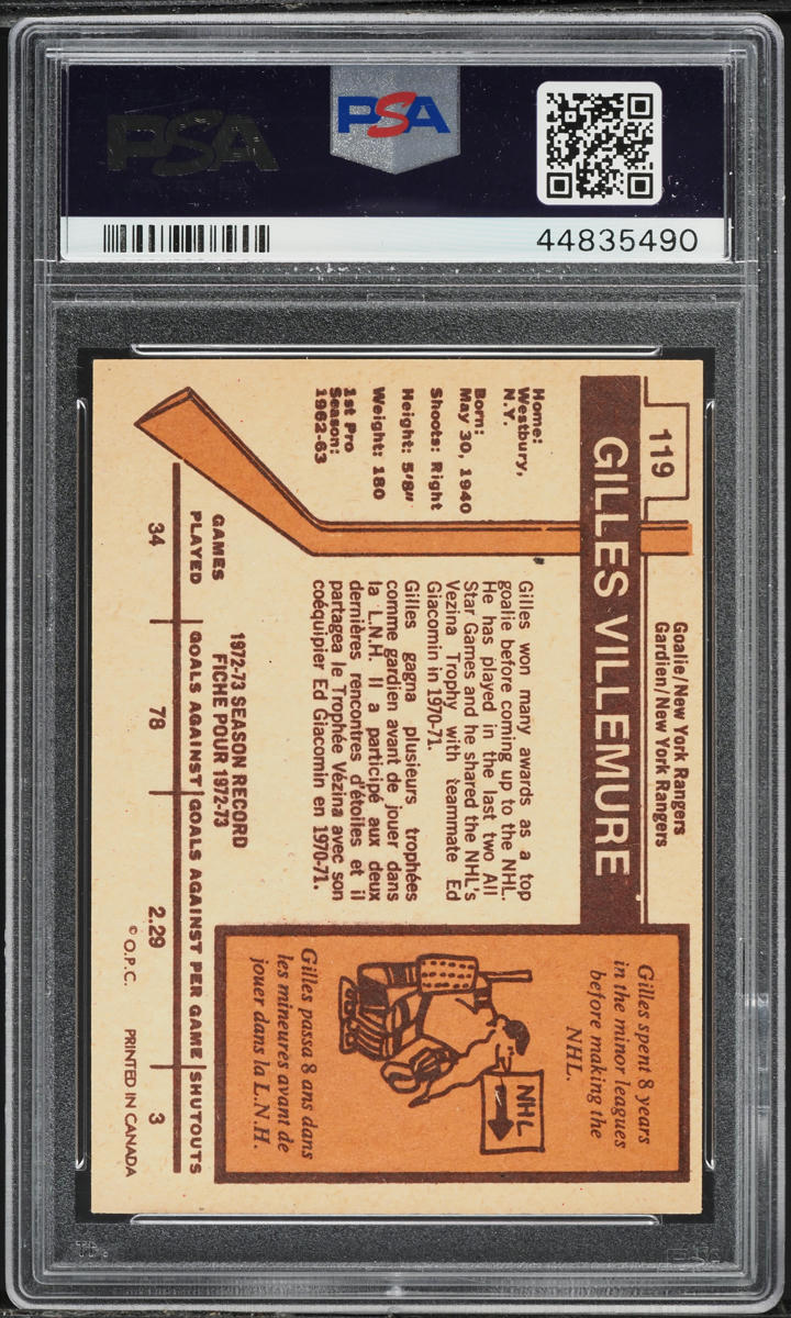 1973 O-Pee-Chee Hockey Gilles Villemure #119 PSA 7 NRMT