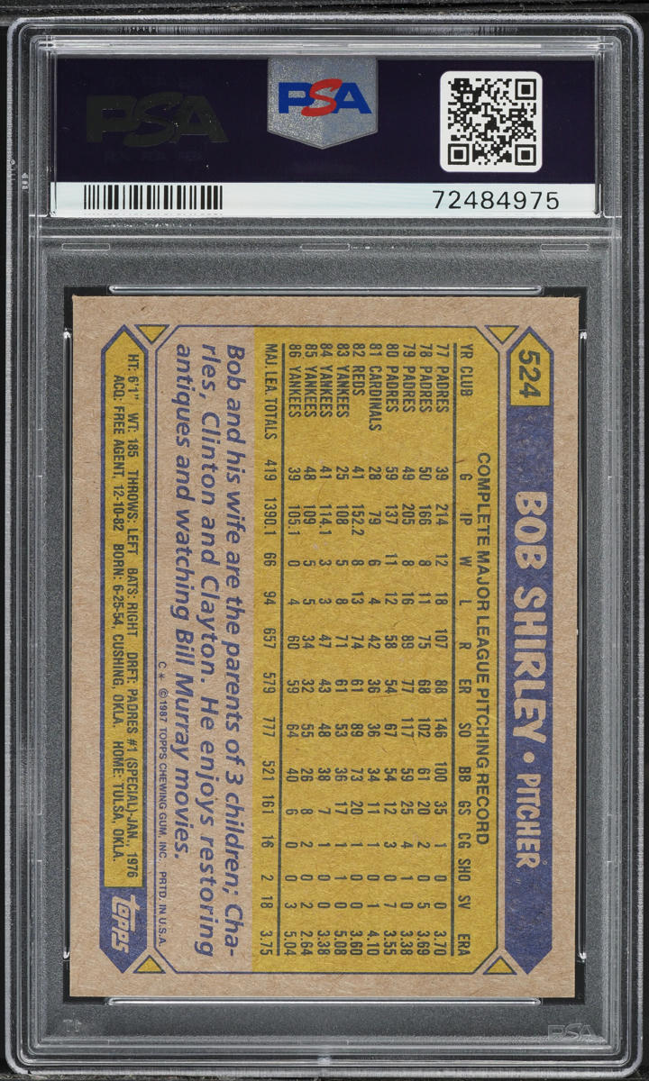 1987 Topps Bob Shirley #524 PSA 8 NM-MT
