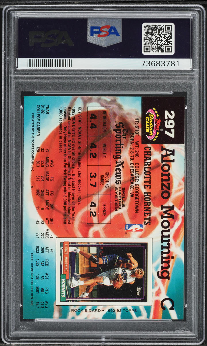 1992 Stadium Club Basketball Alonzo Mourning ROOKIE #297 PSA 7 NRMT