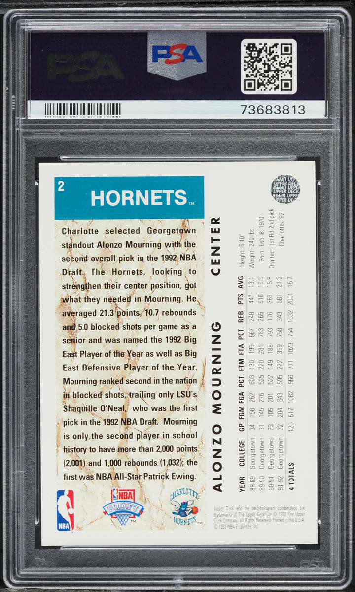 1992 Upper Deck Basketball Alonzo Mourning ROOKIE #2 PSA 8 NM-MT