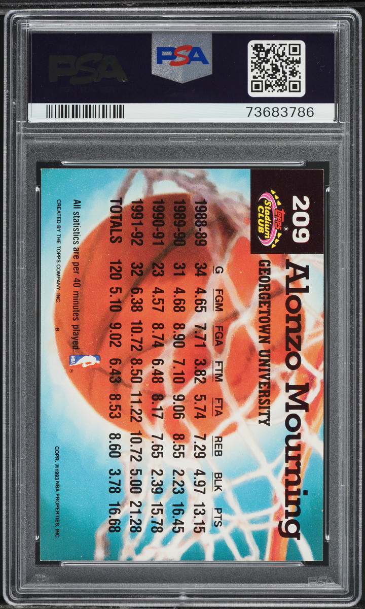 1992 Stadium Club Basketball Alonzo Mourning ROOKIE #209 PSA 7 NRMT