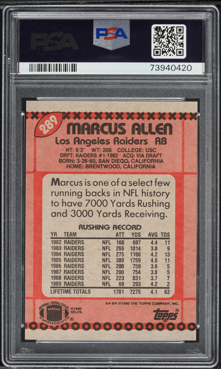 1990 Topps Football Marcus Allen #289 PSA 8 NM-MT