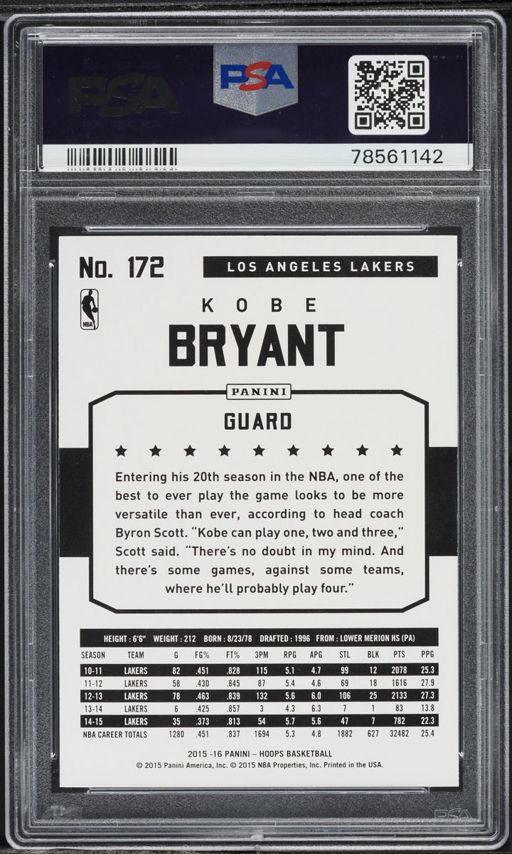 2015 Hoops Kobe Bryant #172 PSA 10 GEM MINT