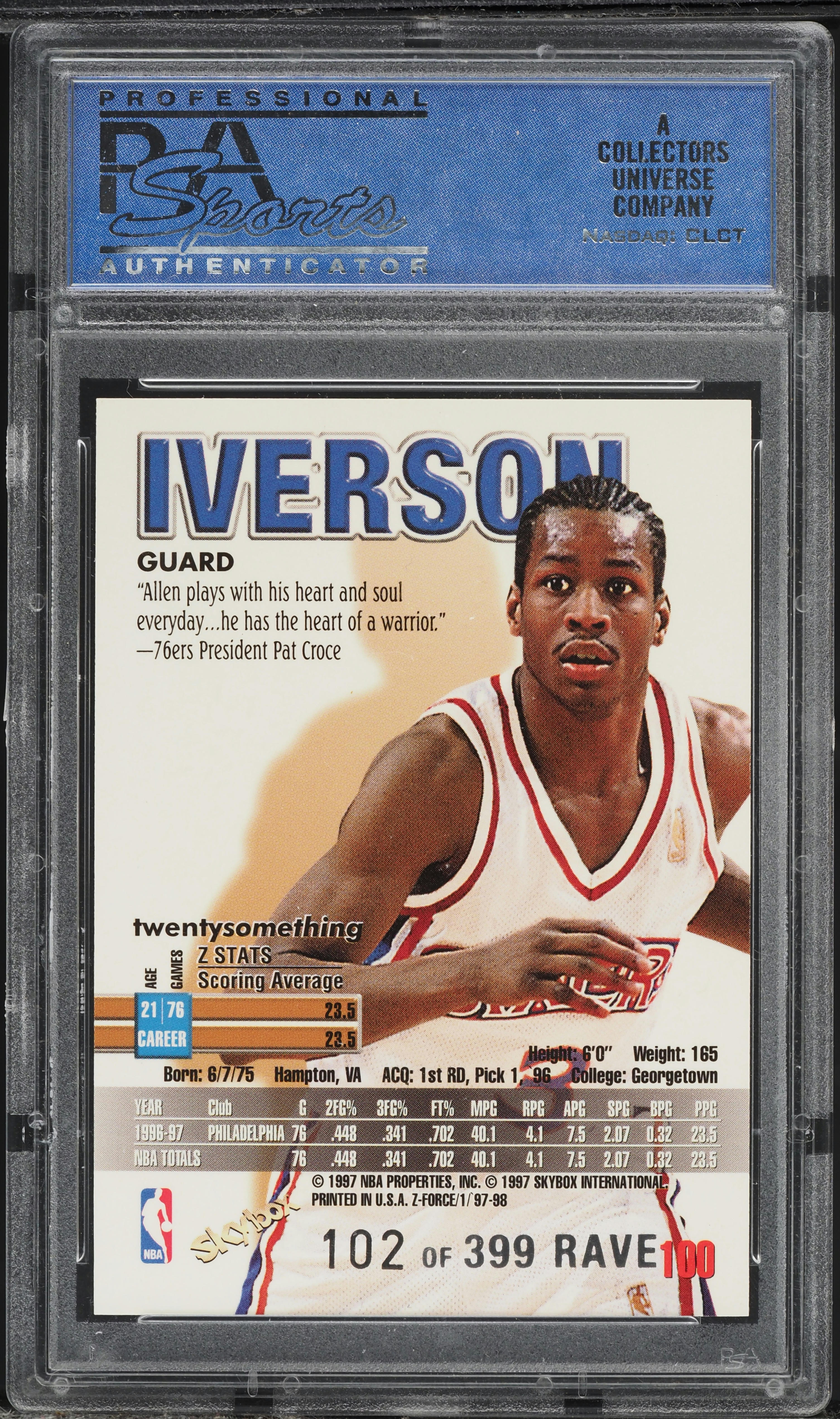 1997 Skybox Z-Force Rave Allen Iverson /399 #100 PSA 9 MINT on