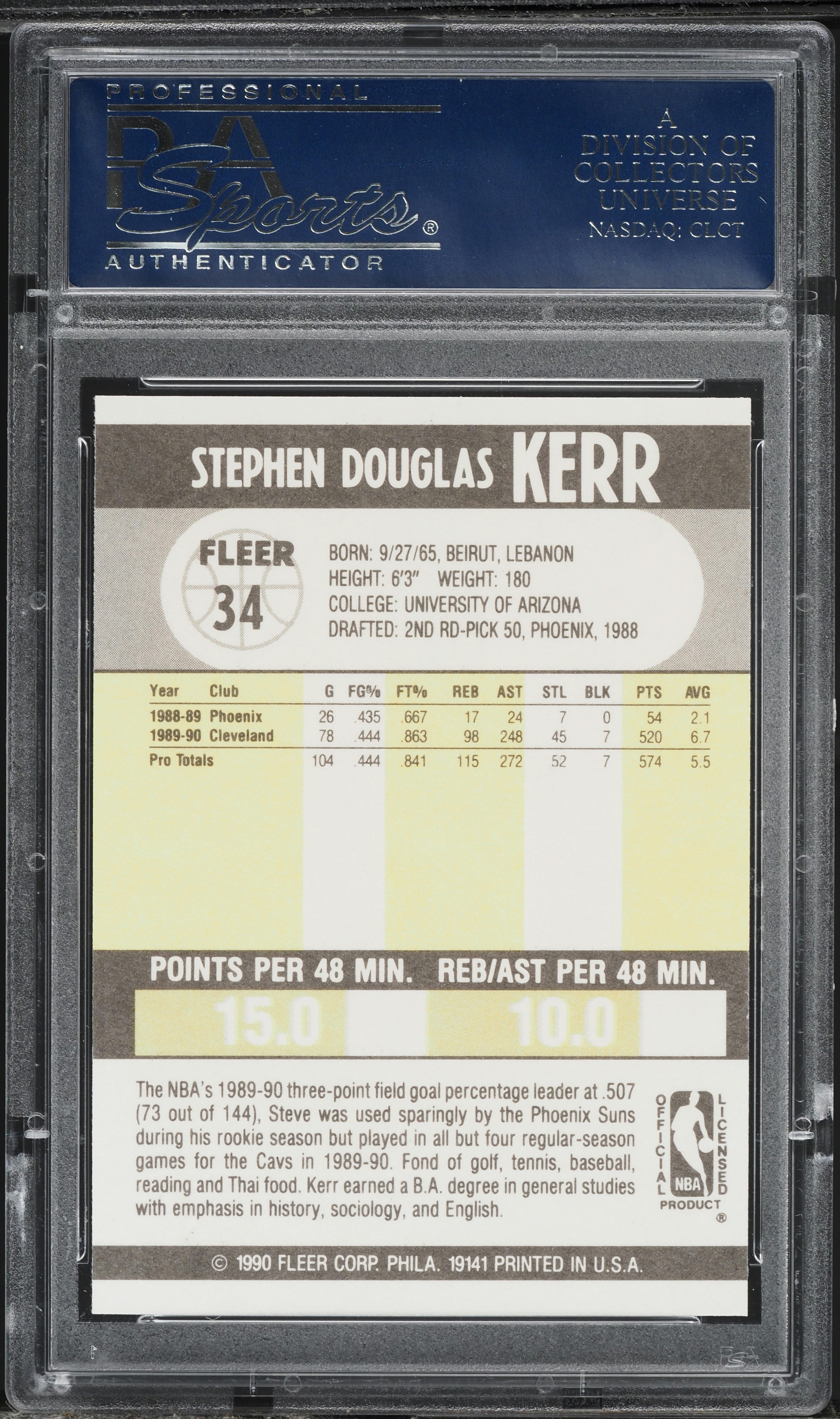1990 Fleer Basketball Steve Kerr #34 PSA 10 GEM MINT on Fanatics