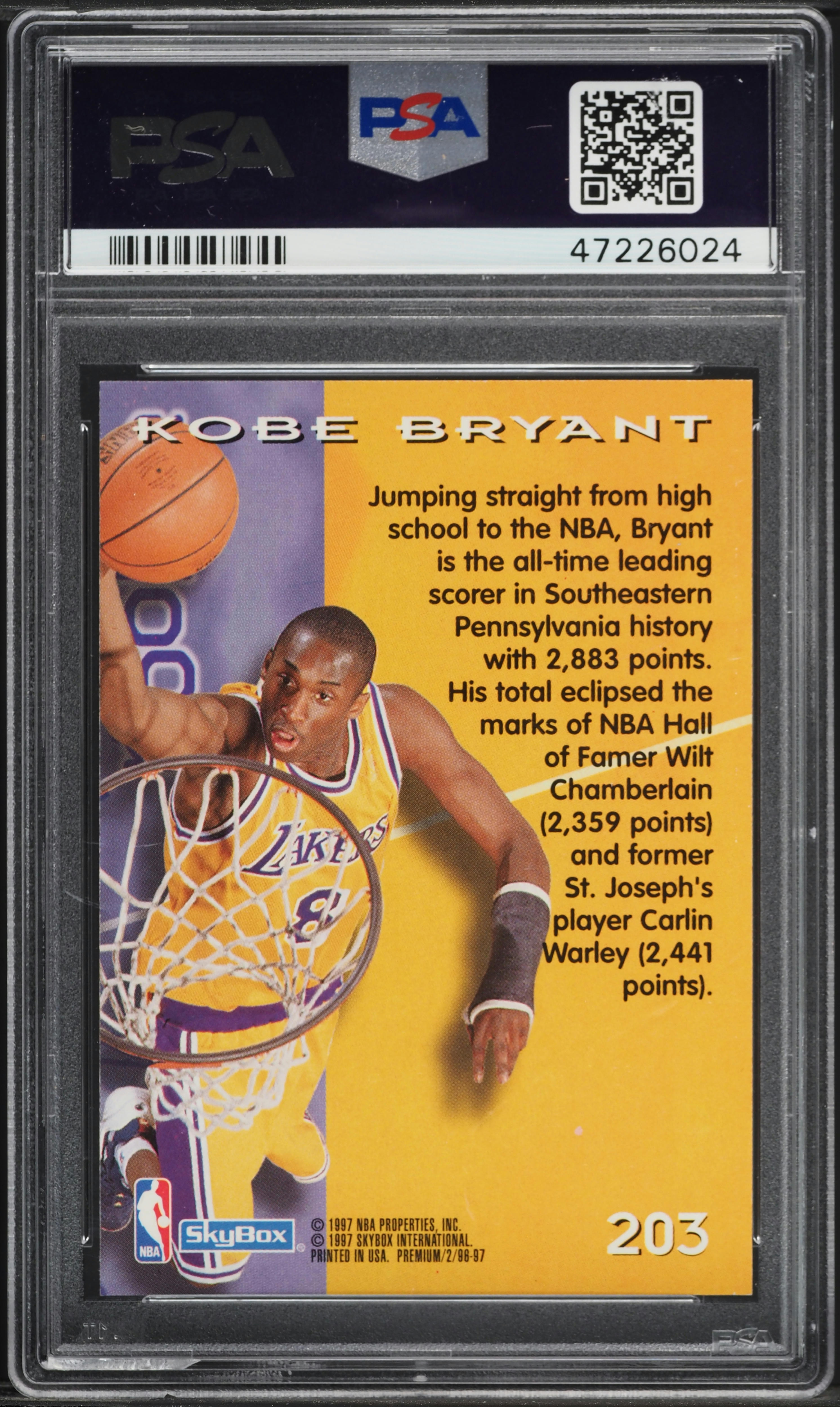 1996 Skybox Premium Kobe Bryant ROOKIE #203 PSA 10 GEM MINT on