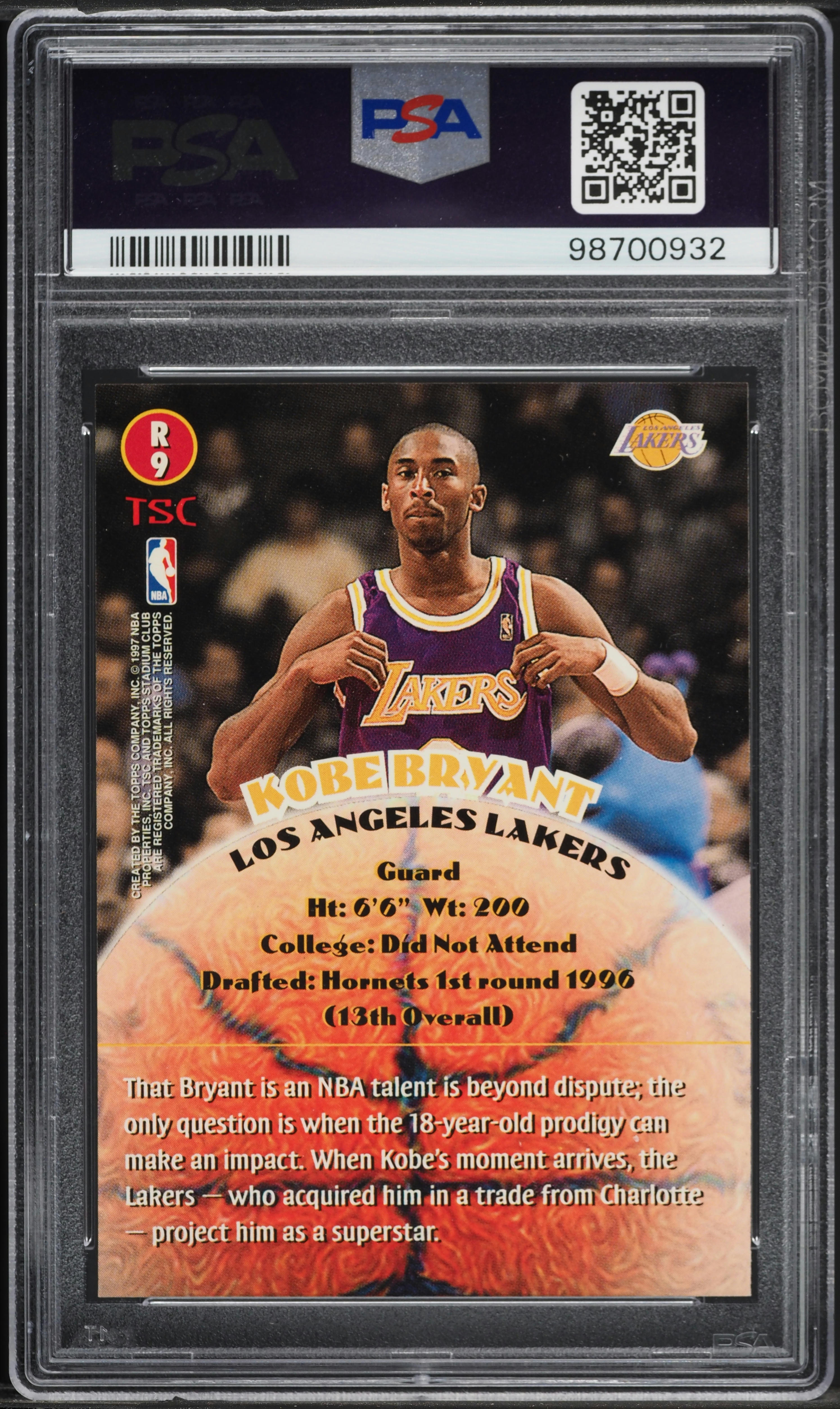 1996 Stadium Club Rookies 2 Kobe Bryant ROOKIE #R9 PSA 10 GEM MINT