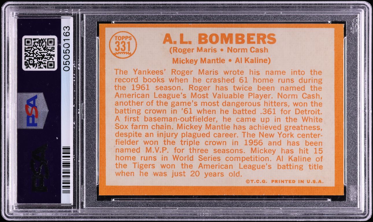 1964 Topps Mickey Mantle Roger Maris Al Kaline AL BOMBERS #331 PSA 9 MINT