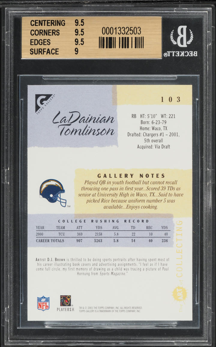 2001 Topps Gallery LaDainian Tomlinson ROOKIE #103 BGS 9.5 GEM MINT