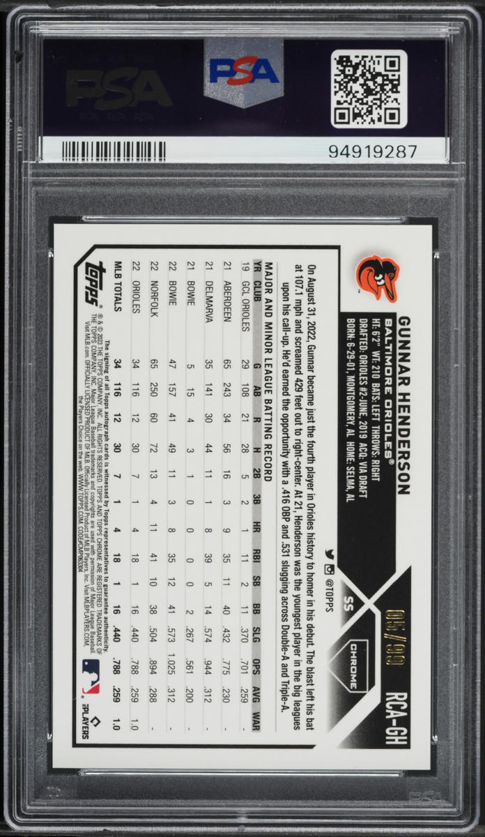 2023 Topps Chrome Logofractor Green Gunnar Henderson RC AUTO /99 PSA 10 GEM MINT