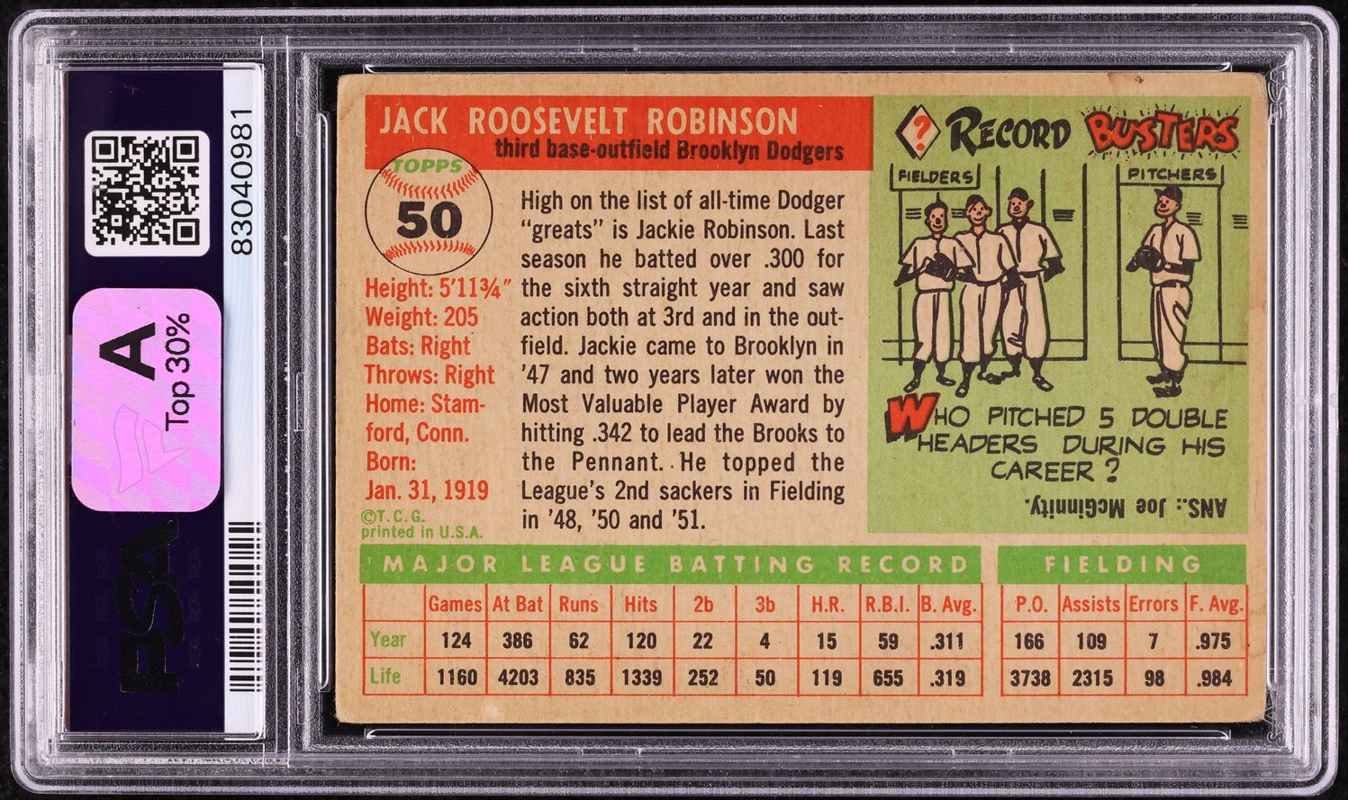 1955 Topps Jackie Robinson #50 PSA 3 VG