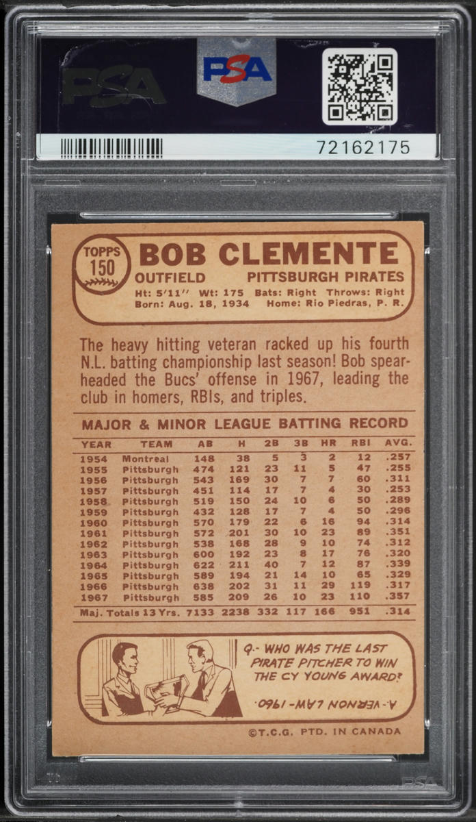 1968 O-Pee-Chee Roberto Clemente #150 PSA 6 EXMT