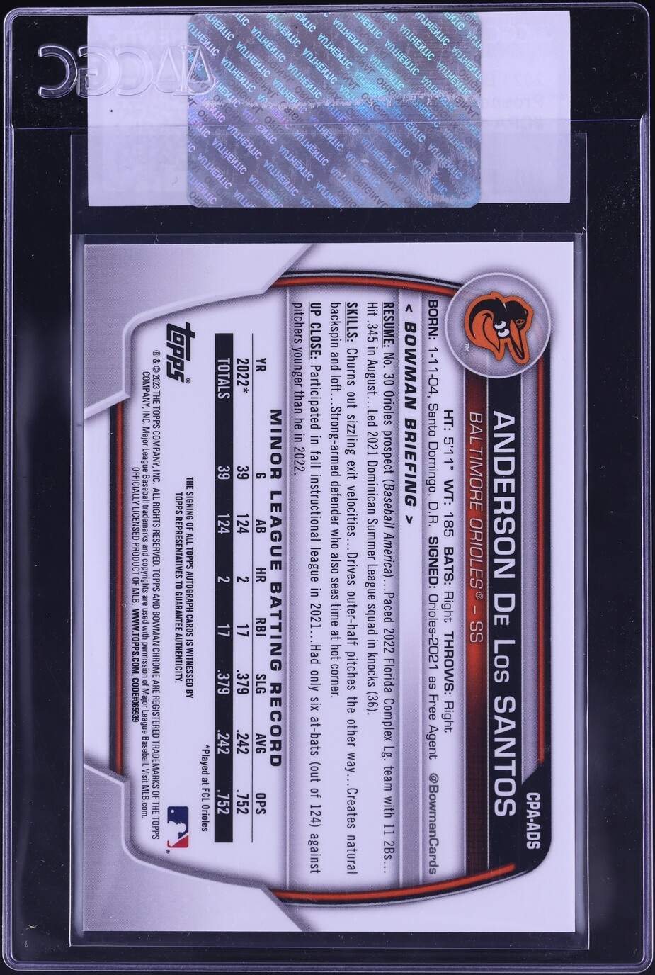 2023 Bowman Chrome Anderson De Los Santos PROSPECT AUTO #CPA-ADS CGC AUTH