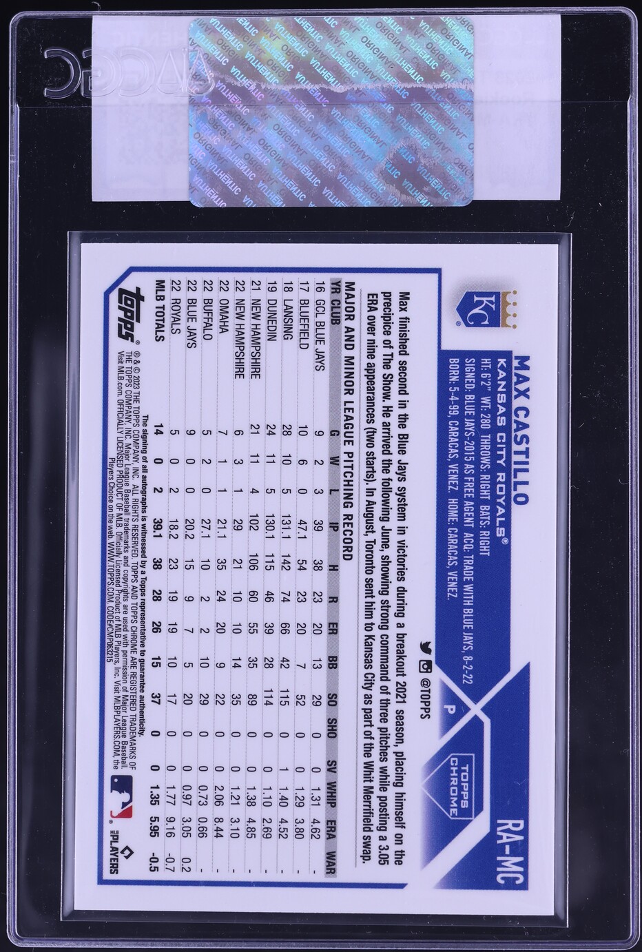 2023 Topps Chrome Update Max Castillo ROOKIE AUTO #RA-MC CGC AUTH